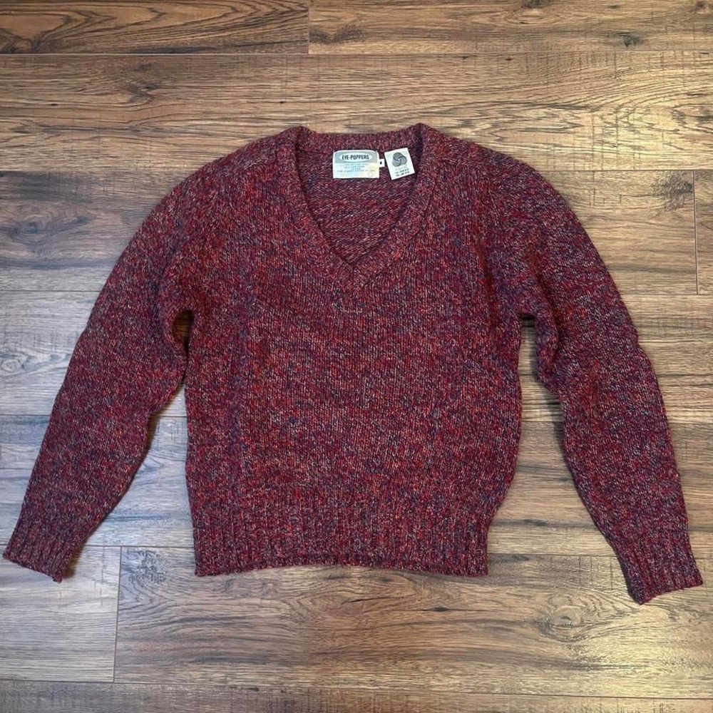 Vintage 90s Eye Poppers 100% Shetland Wool VNeck Sweater Red Knit Korea‎ S